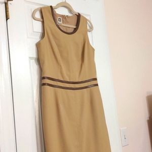 Anne Klein Sleeveless Dress with Leather Trimming, Tan/Brown, Size 10